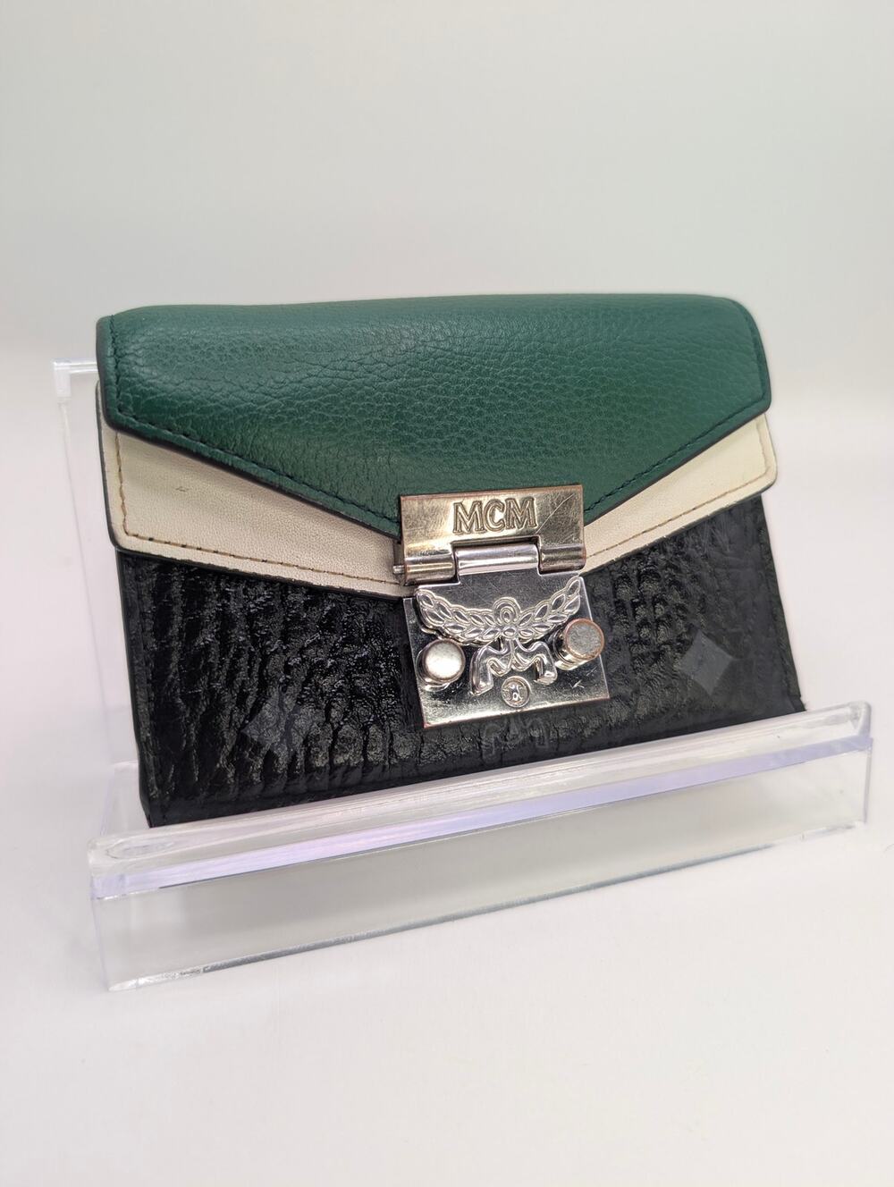 Authentic MCM Patricia Visetos Tri-Color Flap Wallet Green Black Cream